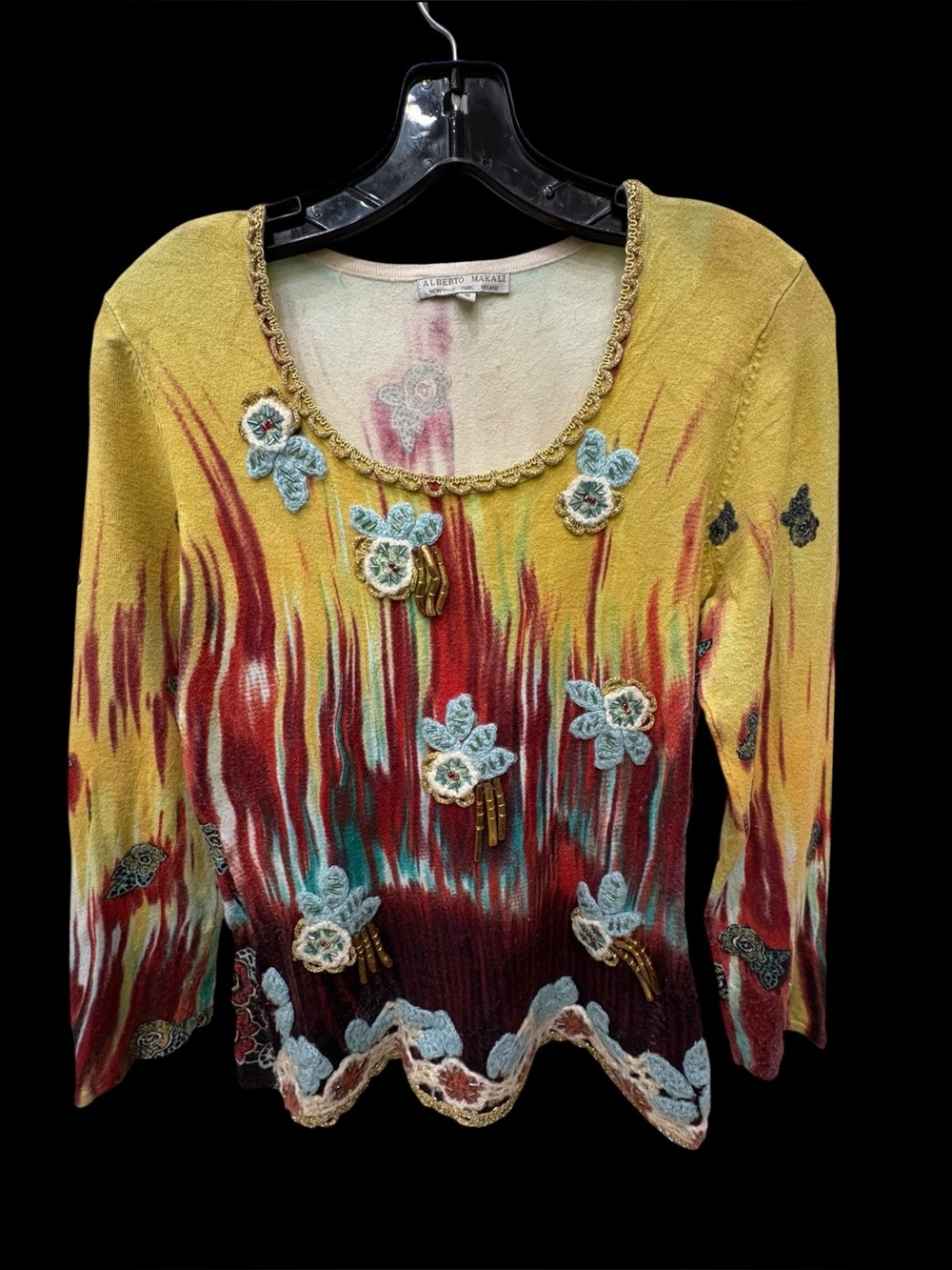 Alberto Makali Embroidered Floral Beaded Sweater Top Yellow Red Size S